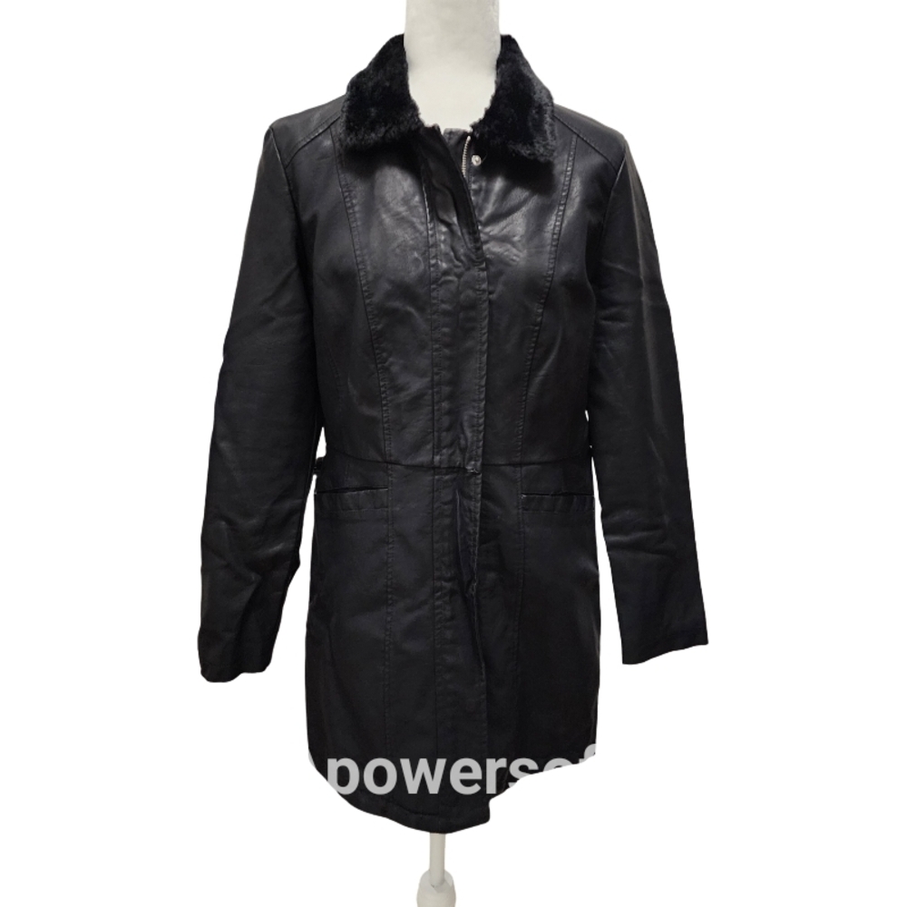 Baccini Faux Leather Black Women's Jacket with Fur Collar